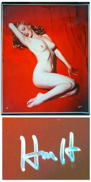 Hugh Hefner Signed Limited Edition Cibachrome of Marilyn Monroe's Famous ''Red Velvet'' Pose