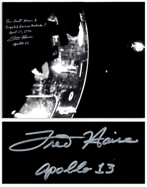 Dramatic 20'' x 16'' Photo Signed by Fred Haise, Showing the Apollo 13 Damaged Service Module & ''Our Lost Moon'' in the Far Distance