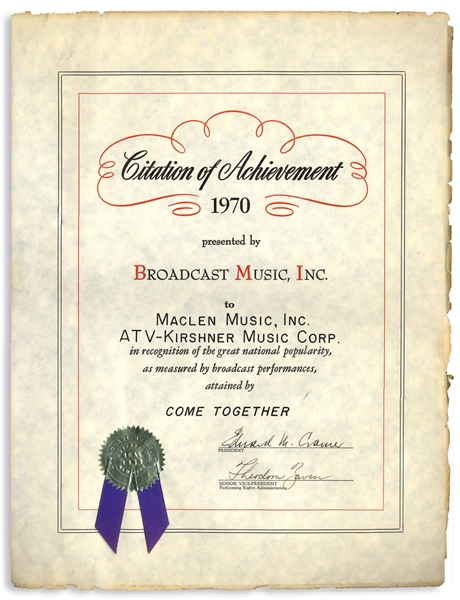 BMI Award for The Beatles Song Come Together