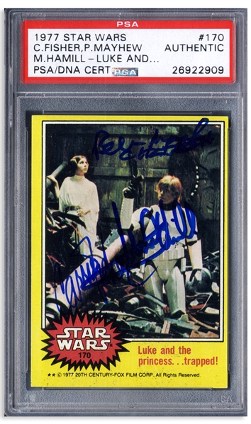 Star Wars Card #170 Signed by Mark Hamill, Carrie Fisher & Peter Mayhew -- Slabbed by PSA