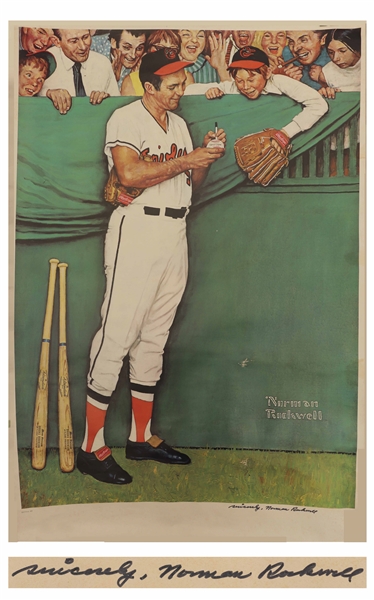 Norman Rockwell Signed Gee, Thanks, Brooks Poster of Brooks Robinson Signing a Baseball for an Orioles Fan -- One of the Rarer Rockwell Signed Prints