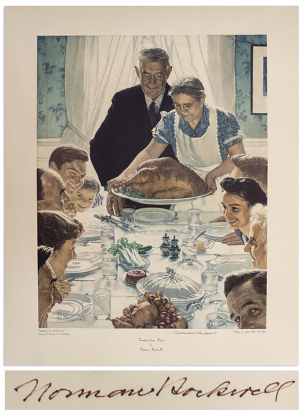 Norman Rockwell Signed Freedom From Want Poster Measuring 29 x 35 -- Rockwell Uses Thanksgiving to Symbolize One of the Four Freedoms