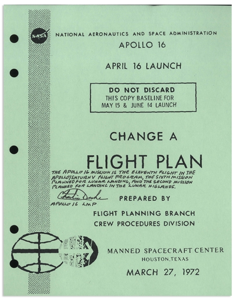 Charlie Duke Signed Copy of the Apollo 16 Flight Plan -- Also With His Handwritten Summary of the Mission