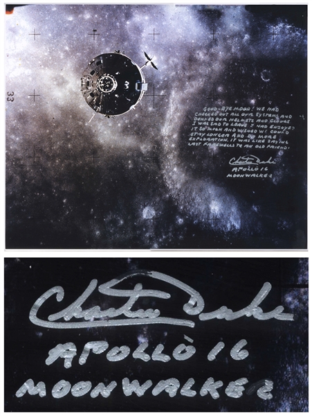 Charlie Duke Signed 16'' x 20 Photo of the Apollo 16 Lunar Module After Leaving the Moon -- ''Good-Bye Moon!...It was like saying last farewells to an old friend!''
