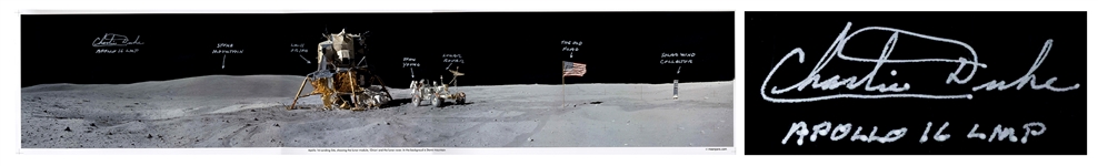 Charlie Duke Signed 40 x 8 Panoramic Lunar Photo From the Apollo 16 Mission -- Duke Also Handwrites Objects in the Photo Including Fellow Astronaut John Young