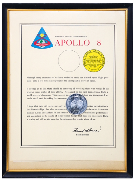 Apollo 8 Flown Medal, With NASA Certificate
