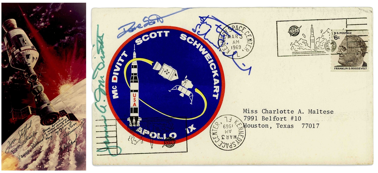 Apollo 9 Crew-Signed Cover & Apollo-Soyuz Crew-Signed 7'' x 14'' Signed Photo