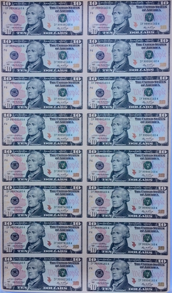 2006 Uncut Sheet of 16 $10 Federal Reserve Notes -- Near Fine -- With Original Tube From Bureau of Engraving & Printing