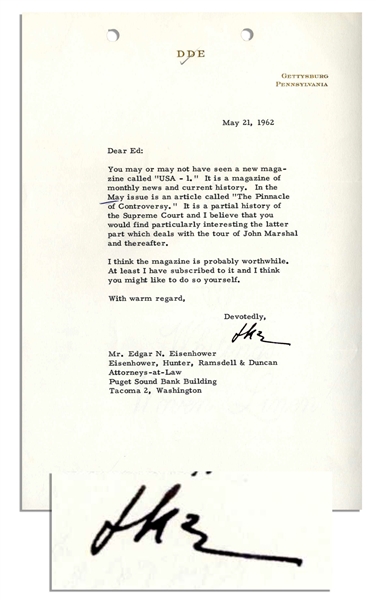Dwight Eisenhower Typed Letter Signed From 1962 Regarding the Supreme Court -- ''...In the May issue is an article called 'The Pinnacle of Controversy'...a partial history of the Supreme Court...''