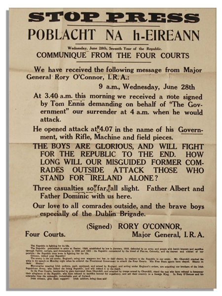 The Battle of Dublin & Start of The Irish Civil War Announced in This Broadside -- 28 June 1922