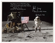 John Young and Charlie Duke Signed 10 x 8 Lunar Photo of Young Saluting the U.S. Flag During the Apollo 16 Mission -- Duke Additionally Writes, Hey, John...Come give me a big Navy salute