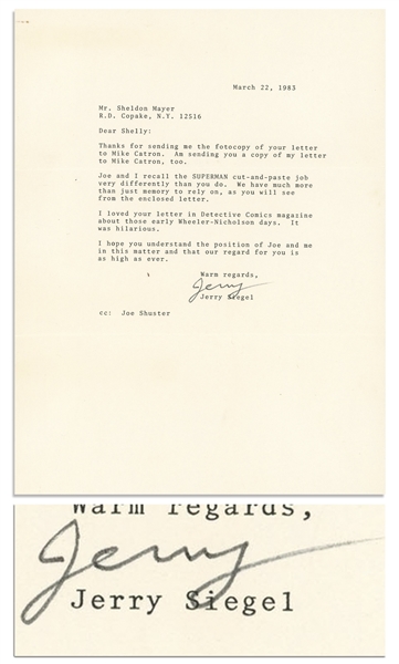 Jerry Siegel Letter Signed to Sheldon Mayer, Full of ''Superman'' Drama -- ''...Joe and I recall the SUPERMAN cut-and-paste job very differently than you do...''