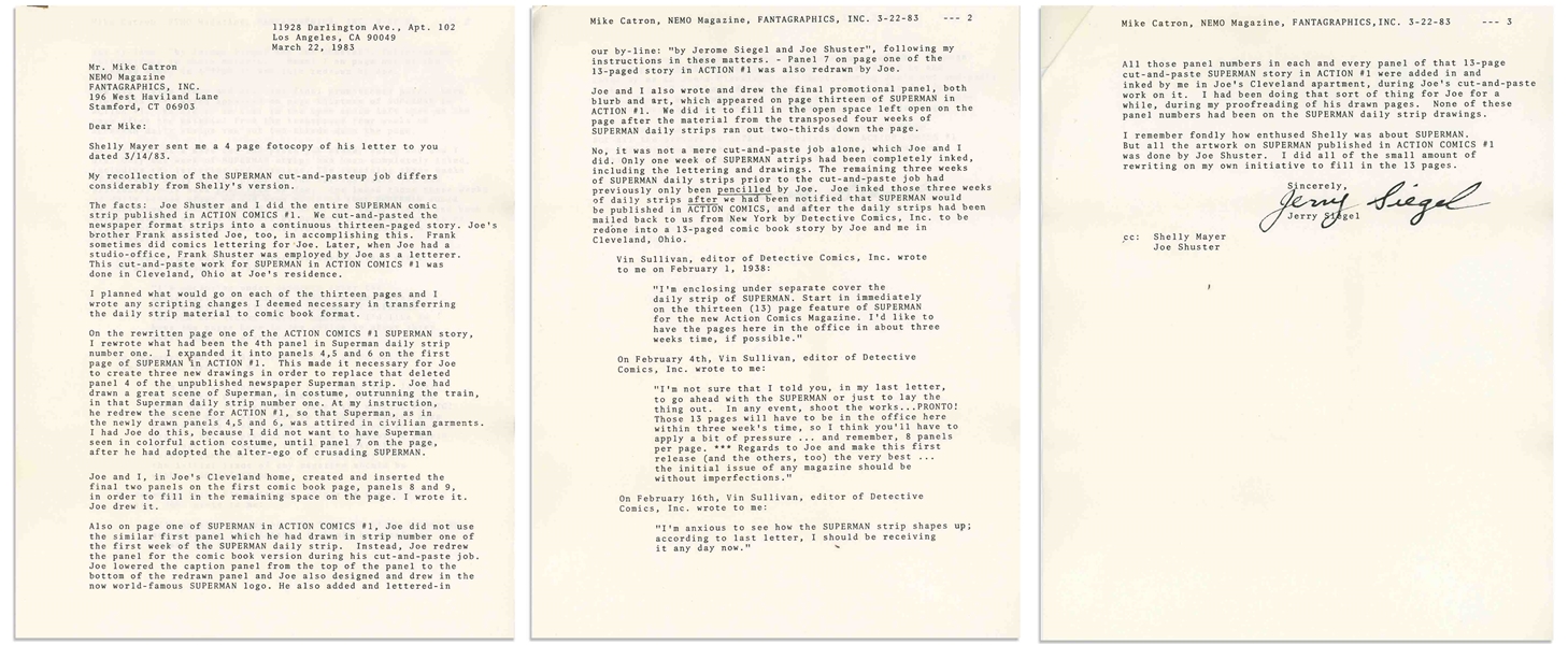 Jerry Siegel Letter Signed to Sheldon Mayer, Full of ''Superman'' Drama -- ''...Joe and I recall the SUPERMAN cut-and-paste job very differently than you do...''