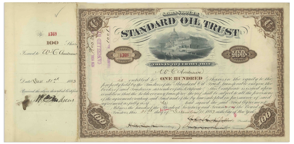 John D. Rockefeller Signed Stock Certificate for Standard Oil Trust From 1883