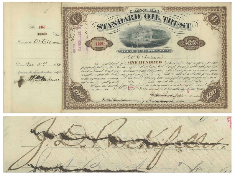 John D. Rockefeller Signed Stock Certificate for Standard Oil Trust From 1883