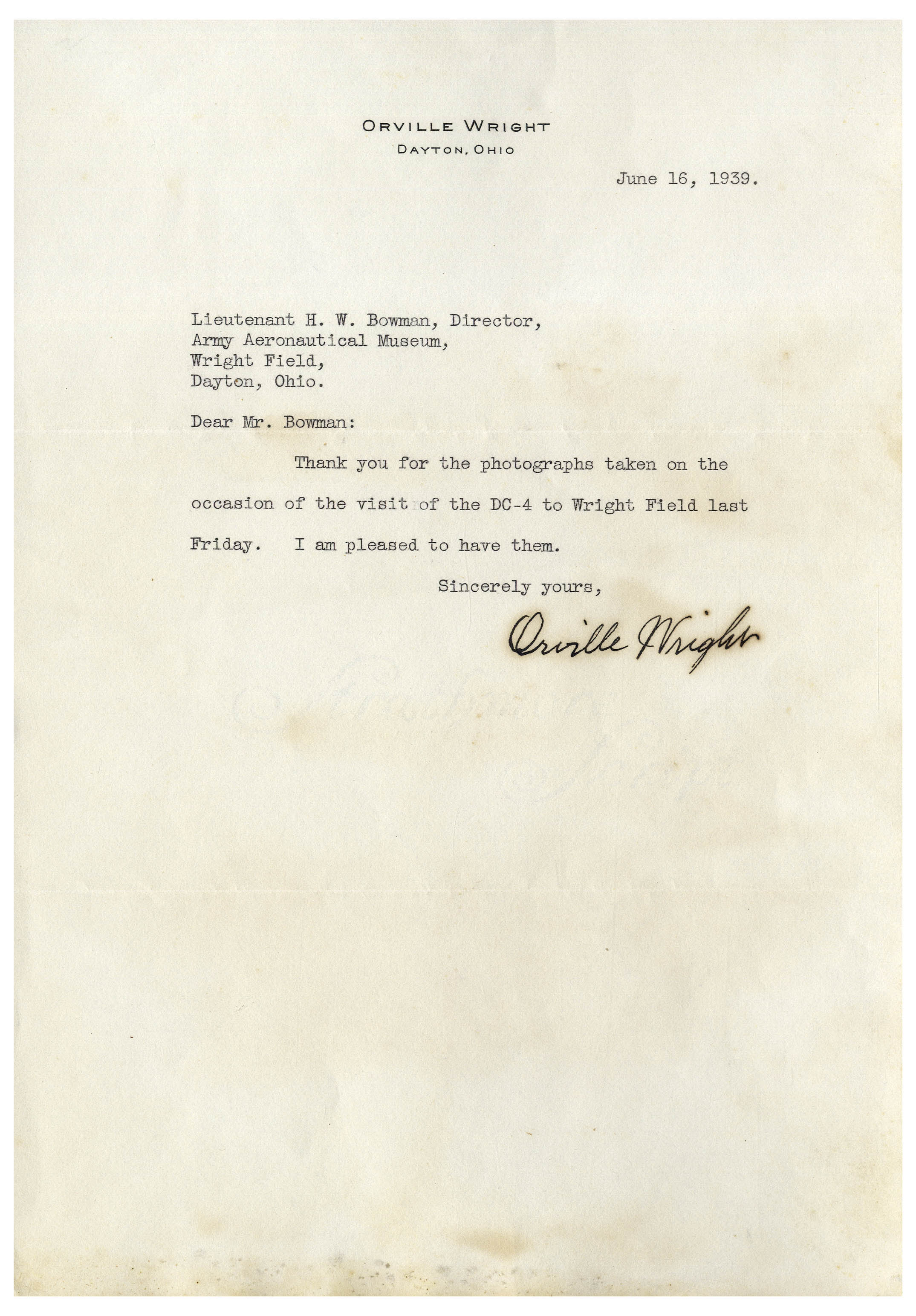 Lot Detail - Orville Wright Letter Signed From 1939
