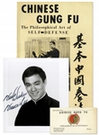 Bruce Lee Signed Photo Without Inscription -- Lot Also Includes First Edition of Chinese Gung Fu and Early 1960s Business Card