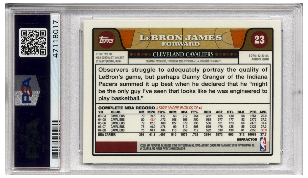 LeBron James 2008 Topps Chrome Refractor ''Chalk Toss'' #23 -- PSA Graded Gem Mint 10
