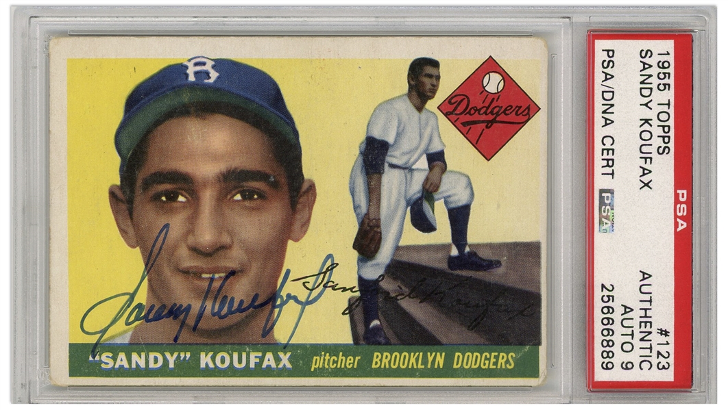 Sandy Koufax Signed 1955 Topps Rookie Card #123 -- Autograph Graded 9 by PSA/DNA