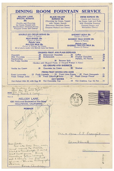 John Wayne and Bing Crosby Signed Hollywood Menu From 1944