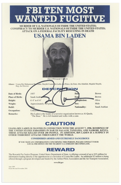 Barack Obama Signed Photo of Osama bin Laden's FBI Most Wanted Poster