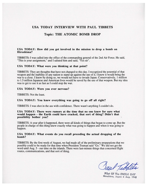 Paul Tibbets Signed Statement Regarding Dropping the Atomic Bomb on Hiroshima During World War II -- ''...I was shot in the ass with confidence...''