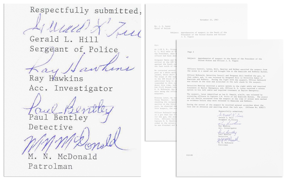 Lee Harvey Oswald Arrest Document With Fascinating Account of Oswald's Apprehension -- Signed by All Four Arresting Officers -- ''...the officer and the suspect wrestled for the gun...''