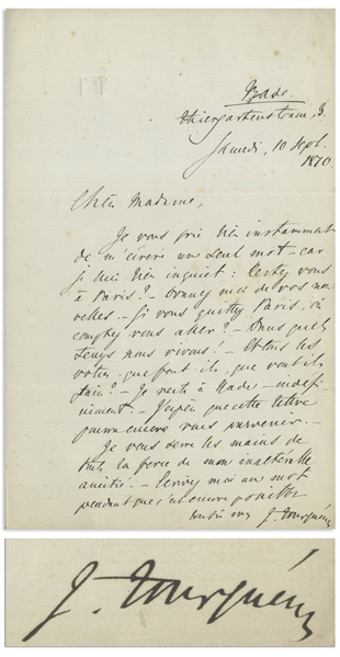 19th Century Russian Novelist Ivan Turgenev Autograph Letter Signed -- ''...I grip your hands with all the force of my unwavering affection...''
