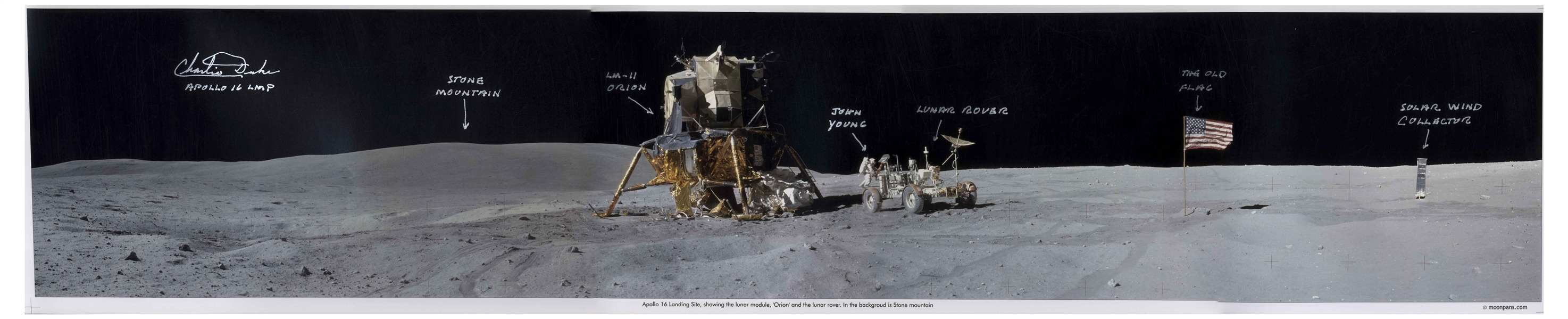 Charlie Duke Signed 40'' x 8'' Panoramic Lunar Photo From the Apollo 16 Mission -- Duke Also Handwrites Objects in the Photo Including Fellow Astronaut ''John Young'' and ''The Old Flag''