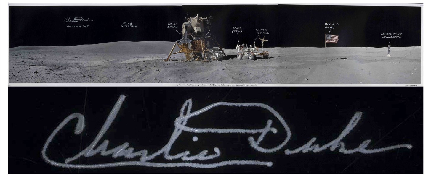 Charlie Duke Signed 40'' x 8'' Panoramic Lunar Photo From the Apollo 16 Mission -- Duke Also Handwrites Objects in the Photo Including Fellow Astronaut ''John Young'' and ''The Old Flag''