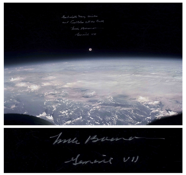 Frank Borman Signed 20'' x 16'' Photo of the Earth and Moon -- ''...Good night, Merry Christmas and God Bless all on Earth...''