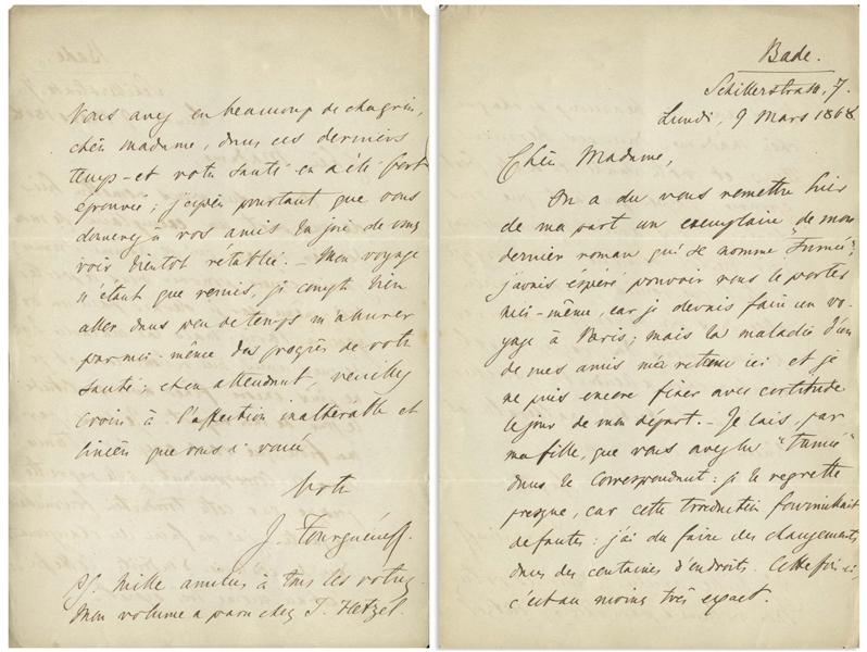Ivan Turgenev Autograph Letter Signed Regarding His Novel ''Smoke'' -- ''...I know...that you read Smoke in Le Correspondant; I nearly regret that, for that translation teemed with errors...''