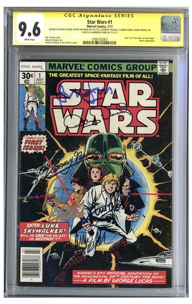 ''Star Wars #1'' From 1977 Signed by Mark Hamill, Carrie Fisher, Harrison Ford, Peter Mahew, Anthony Daniels and Kenny Baker -- CGC Graded 9.6