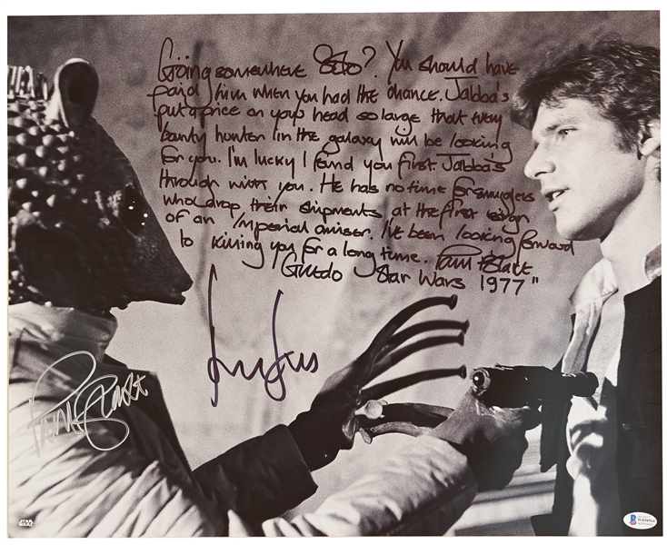 Harrison Ford & Paul Blake Signed 20'' x 16'' Photo From ''Star Wars'' -- One of the Most Memorable Scenes From the Film, With Blake Writing His Famous Monologue