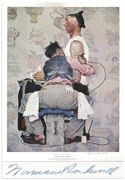 Norman Rockwell Large Signed Print of His ''The Saturday Evening Post'' Cover, ''Only Skin Deep'' Showing a Tattoo Artist & His Fickle Client