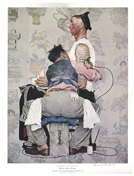 Norman Rockwell Large Signed Print of His ''The Saturday Evening Post'' Cover, ''Only Skin Deep'' Showing a Tattoo Artist & His Fickle Client