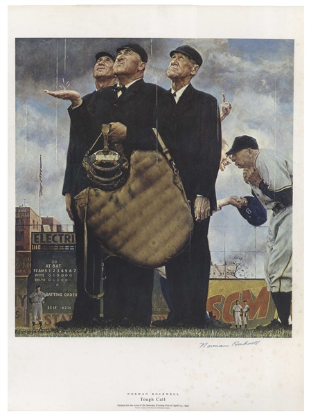 Norman Rockwell Large Signed Print of His ''The Saturday Evening Post'' Cover, ''Tough Call'', One of His Famous Baseball Paintings
