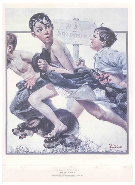 Norman Rockwell Large Signed Print of His Famous ''The Saturday Evening Post'' Cover, ''No Swimming''