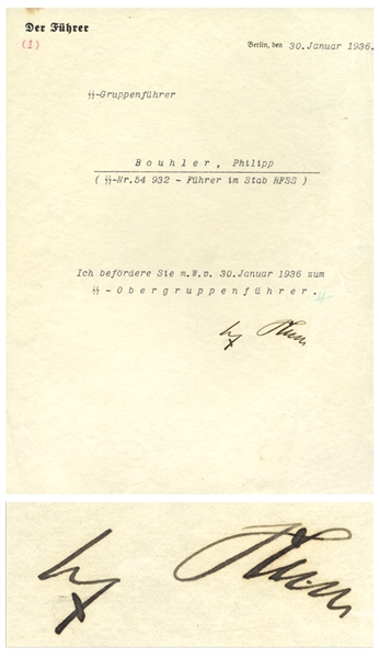 Adolf Hitler Document Signed as ''Der Fuhrer'' -- Hitler Promotes Early Nazi Leader Philipp Bouhler to the SS Rank of Obergruppenfuhrer