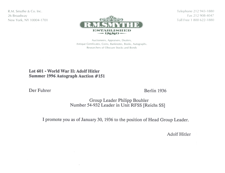 Adolf Hitler Document Signed as ''Der Fuhrer'' -- Hitler Promotes Early Nazi Leader Philipp Bouhler to the SS Rank of Obergruppenfuhrer