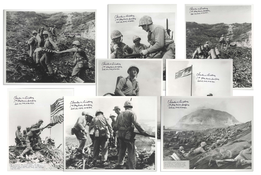 Charles Lindberg Lot of Eight Signed 8'' x 10'' Photos of Scenes From Iwo Jima Where Lindberg Raised the First Flag