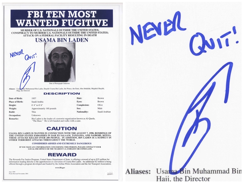 Navy Seal Robert O'Neill Signed 12'' x 18'' Photo of Osama bin Laden's FBI Most Wanted Poster -- O'Neill Was the Navy Seal Who Fatally Shot bin Laden -- With JSA COA
