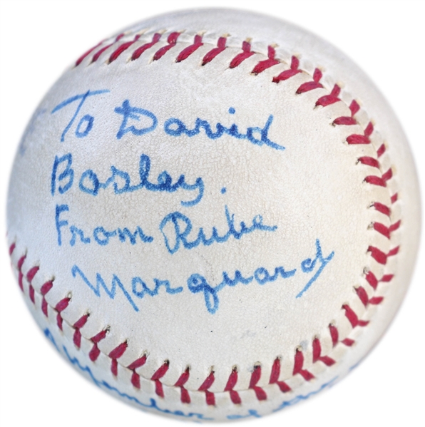 Rube Marquard Single-Signed Baseball -- Marquard Also Writes, ''Member of the Baseball Hall Of Fame''