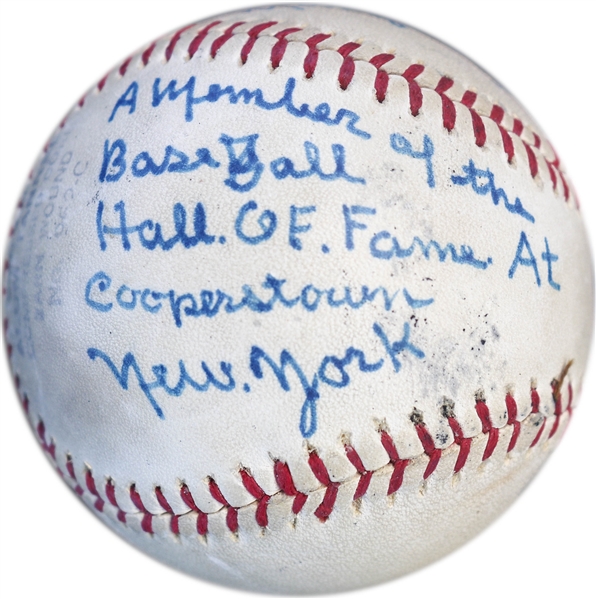 Rube Marquard Single-Signed Baseball -- Marquard Also Writes, ''Member of the Baseball Hall Of Fame''
