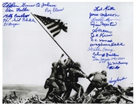 Raising the Flag on Iwo Jima 14 x 11 Photo Signed by 21 WWII Pacific Theater U.S. Marines