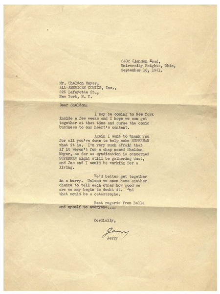 Fantastic 1941 Letter Signed by Jerry Siegel, Thanking Sheldon Mayer for Promoting ''Superman'' -- ''...if it weren't for a chap named Sheldon Mayer...SUPERMAN might still be gathering dust...''