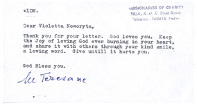 Mother Teresa Letter Signed -- ''...Keep the Joy of loving God ever burning in your heart...''
