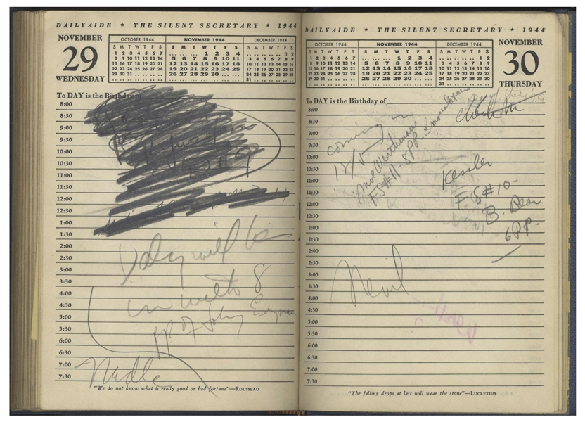Sheldon Mayer's Personal Day Planner From 1944 When Mayer Edited All-American Publications -- Nearly Every Day Filled-in With Dozens of Artists & Strips Like Flash, Green Lantern, Wonder Woman, Etc.