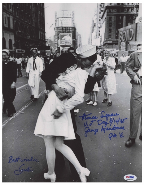Photo of the Iconic Times Square Kiss to Celebrate the End of World War II, Signed by the Couple Greta Zimmer & George Mendonsa -- Photo Measures 11'' x 14'', With PSA/DNA COA