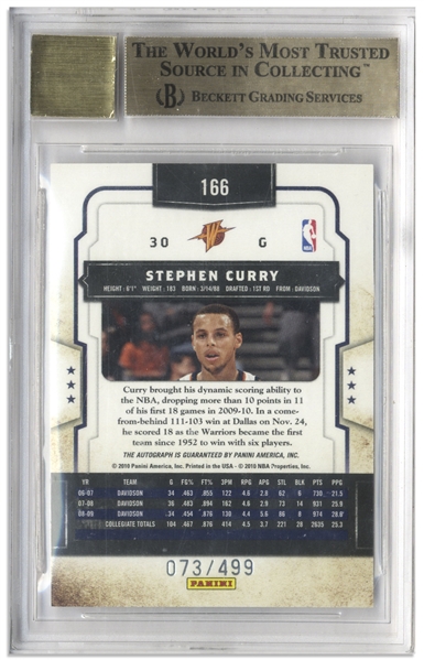 Stephen Curry Signed 2009 Panini Classics Rookie Card #166 -- Graded BGS Gem Mint 9.5 & 10 for Autograph